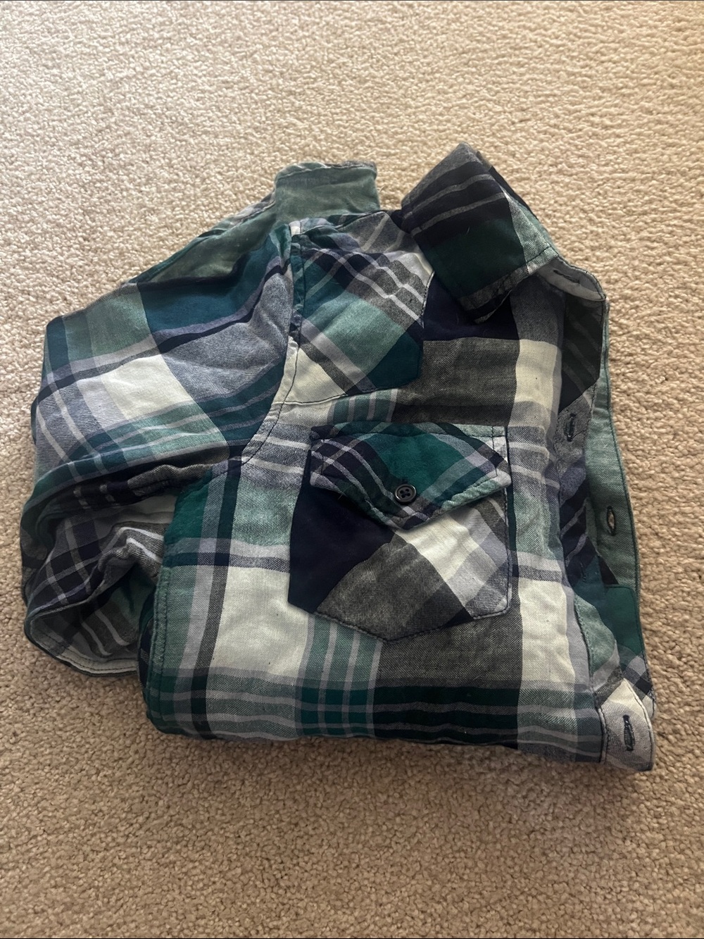 Green and Navy Plaid Button-Up Shirt Rails
